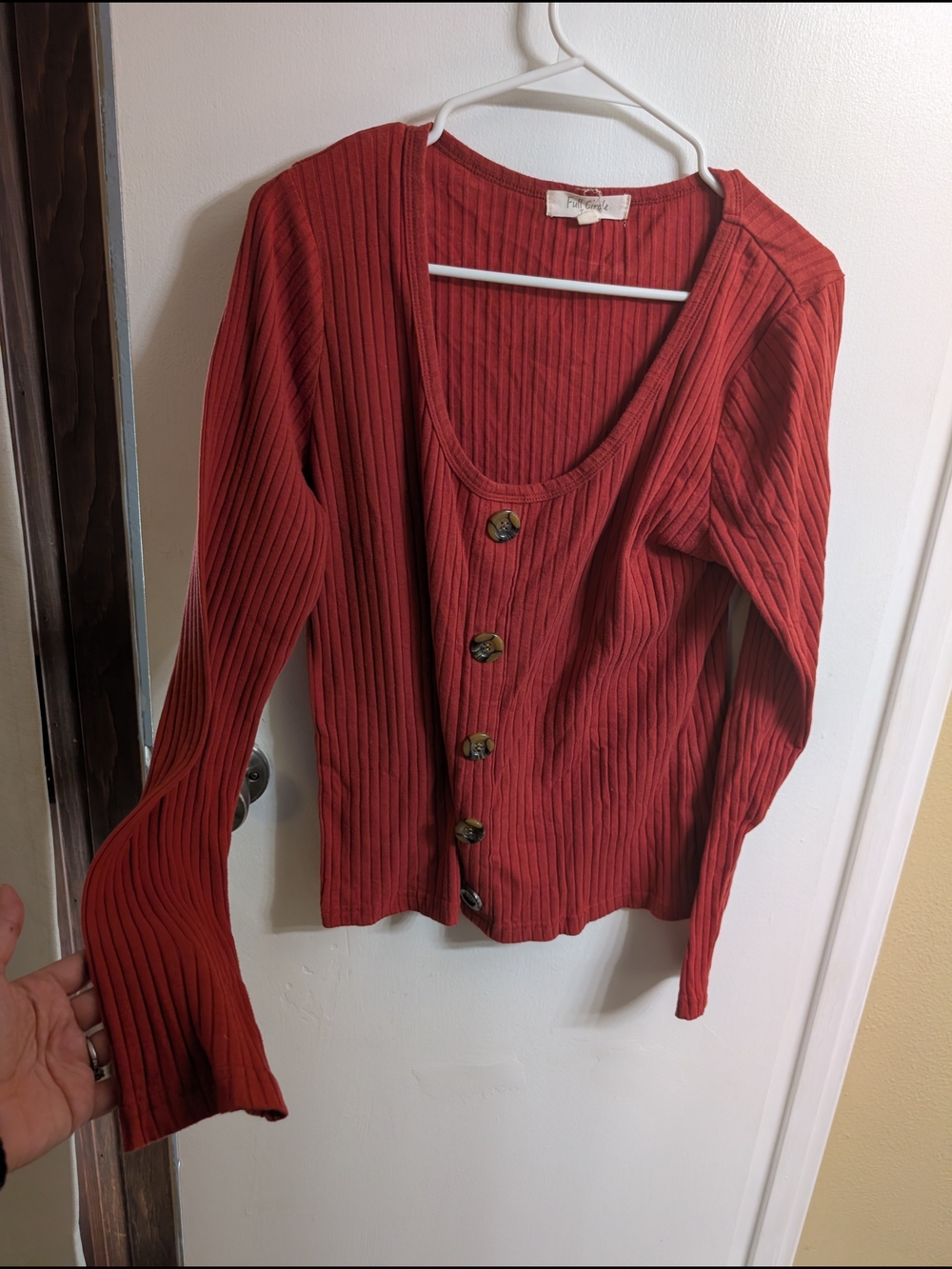 Button-Front Long Sleeve Ribbed Tee in Rust